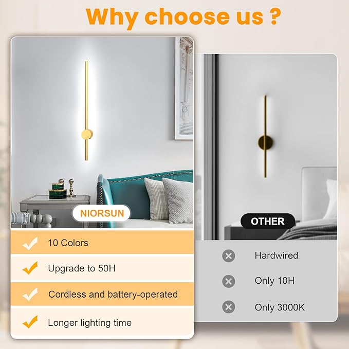 NIORSUN 24 Inch Battery Operated Wall Sconce Set of 2,Gold Minimalist Rechargeable LED Wall Lights with Remote, 10 Colors Dimmable Wireless Wall Lamp for Living Room Bedroom Hallway