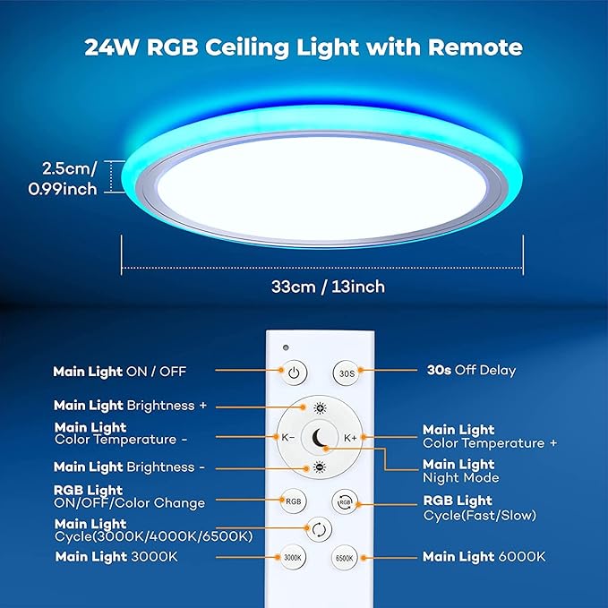 BLNAN RGB Led Flush Mount Ceiling Light with Remote Control, 13Inch 24W 2400LM 3000-6500K Dimmable Color Changing Light Fixture, Modern Round White Ceiling Lamp for Bedroom Kids Room Party Festival