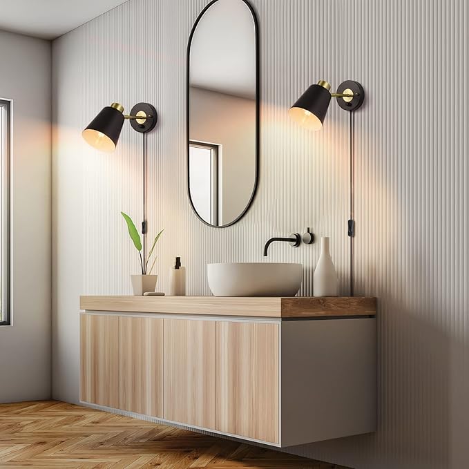 VATONI Wall Sconce Plug in, Dimmable Wall Sconces Adjustable Wall Lights with Plug in Cord and Dimmer On/Off Rotary Switch, Wall Mounted Light for Bedside Bedroom LivingRoom(2 Bulbs Included)