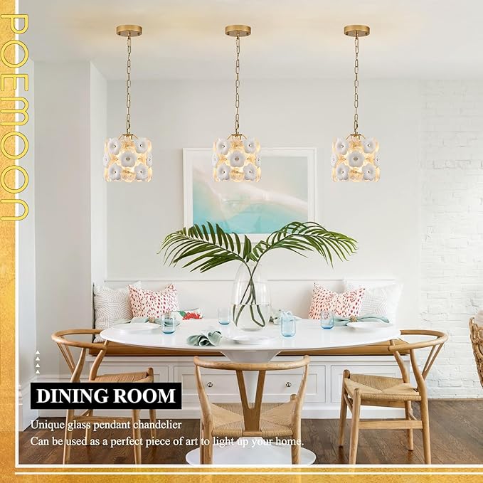 Modern Flower Small Pendant Lighting 2-Pack Gold Glass Pendant Light with White Ceramic Flowers 1-Light for Kitchen Island Sink Dining Room Entryway Hallway, E26