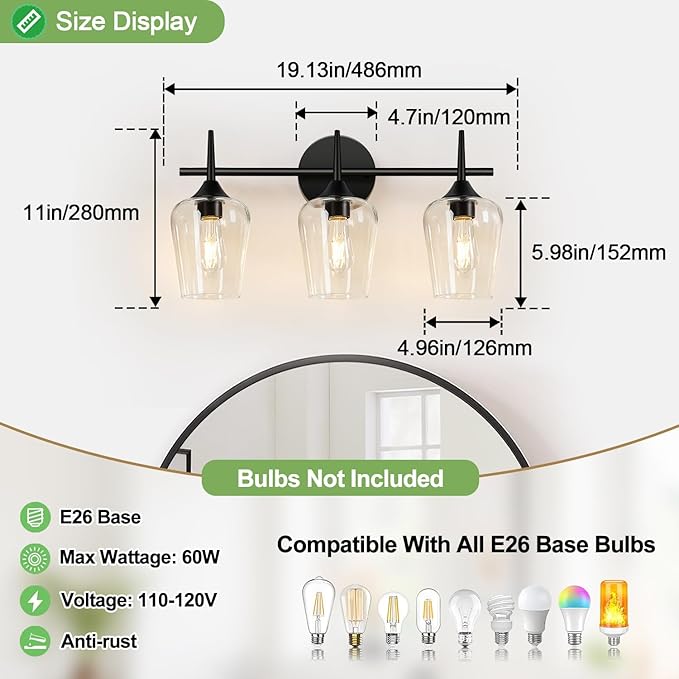 MOKATNG 3-Light Bathroom Light Fixtures, Black Vanity Lights for Bathroom with Clear Glass, 19.5 Inch Bathroom Lighting Fixtures Over Mirror, Modern Wall lamp for Cabinet Hallway