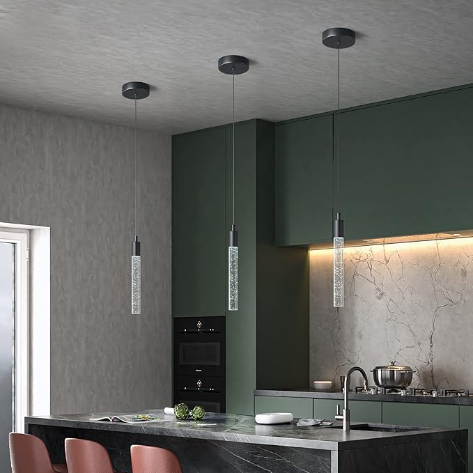 Modern Kitchen Island Pendant Light Dimmable LED Black Finish Mini Crystal Pendant Lighting Bedroom Bedside Table Small Pendant Lights(3-Pack)
