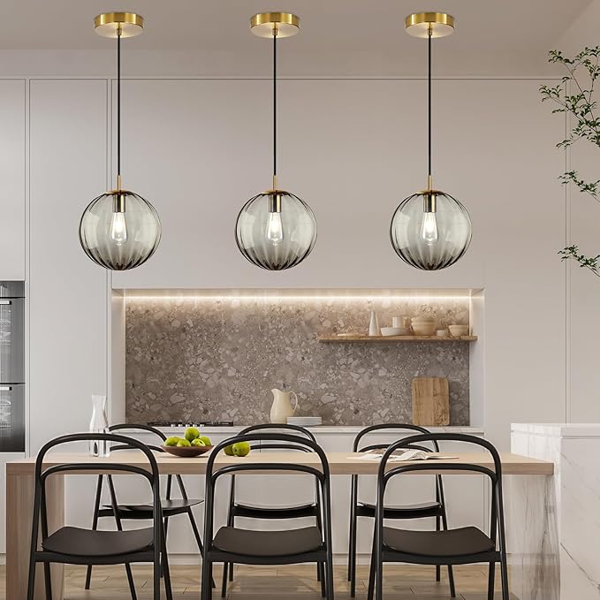 Modern Smoke Grey Glass Pendant Light, Kitchen Island Lighting 3-Pack Globe Pendant Light Fixtures Century Kitchen Island Pendant Lighting for Bedroom Living Dining Room Light Fixture (Without Bulb)