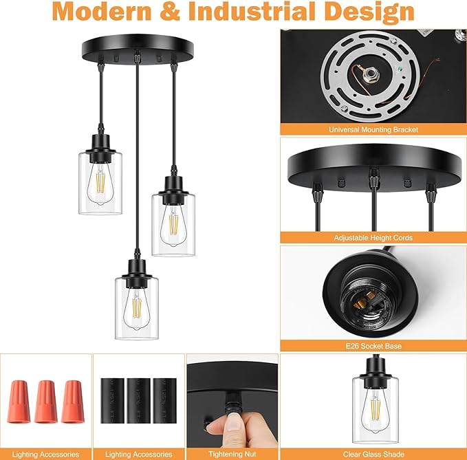 Licperron 3-Light Pendant Light Fixtures, Black Pendant Lights Kitchen Island, Adjustable Pendant Lighting with Clear Glass Shade, Modern Hanging Light Fixtures for Dining Room, Hallway, Living Room