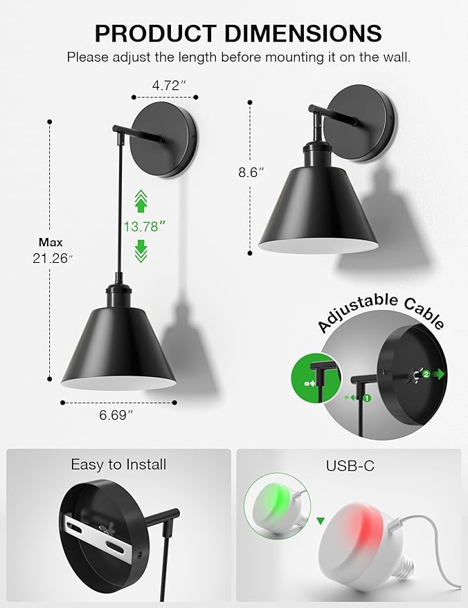NIORSUN Matte Black Battery Operated Wall Sconce Set of 2, 5200mAh Dimmable Detachable Bulbs and Remote Wireless Rechargeable Wall Lights, 9 Colors Sconces Wall Decor for Bedroom Living Room Hallway