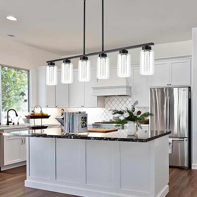 TODOLUZ 6-Lights 5CCT LED Black Kitchen Island Light LED Integrated Bulbs Included, Modern Linear Pendant Light Fixtures Hanging with Bubble Crystal LED & Clear Glass Shade