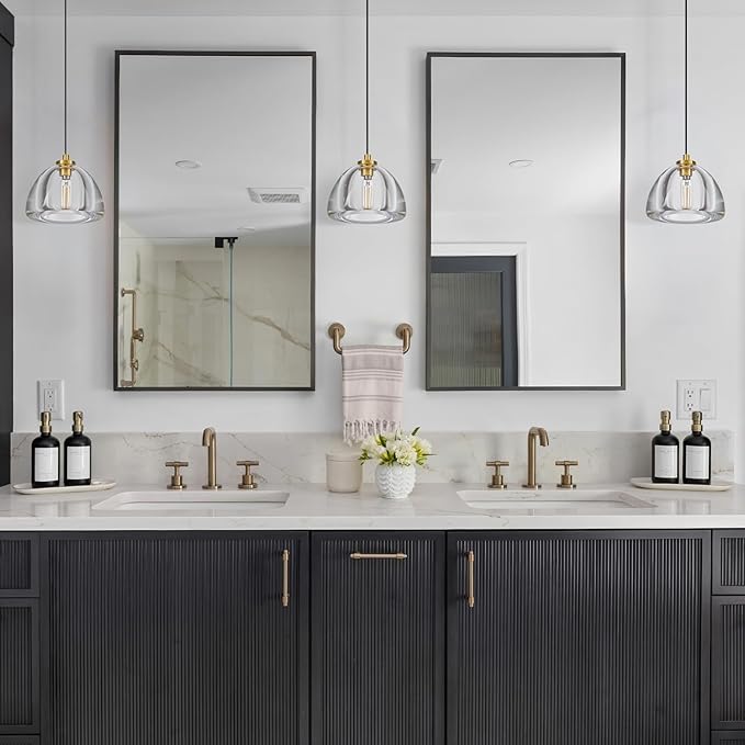 Crystal Pendant Light Kitchen Island: 2 Pack Luxury Brass Hanging Lights - 7" Modern Crystals Hemispher Lighting Fixture over Dining Table - Adjustable Gold Pendants Light for Bathroom Bulbs Included
