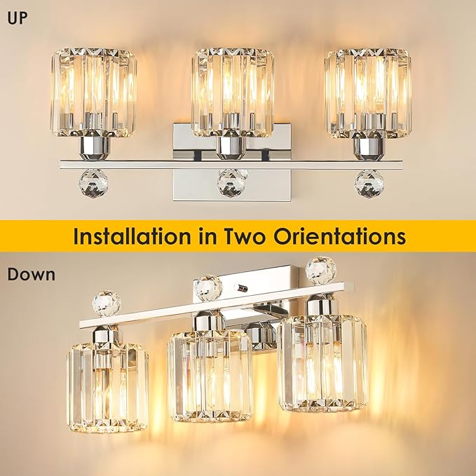Crystal Bathroom Lighting Fixtures Over Mirror, 3 Light Chrome Brushed Nickel Vanity Light, Modern Bath Wall Sconce Lighting for Bedroom Living Room