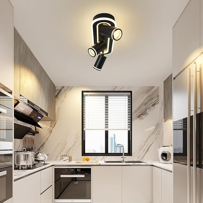 LED 3 Light Track Lighting Spotlight Kit, Black Ceiling Spotlights, Modern Track Light Fixture with Flexibly Rotatable Light Heads, 35W+15W Dual Lighting for Kitchen Living Room,Includes 3 x GU10 Bulb