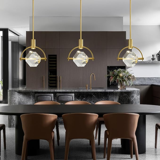 Modern Crystal Led Pendant Light: Semicircle K9 Crystals Hanging Lighting Over Kitchen Island - Brushed Gold Dimmable Pendants Light - Contemporary Pendant Lights Fixture for Sink Bedroom Bathroom