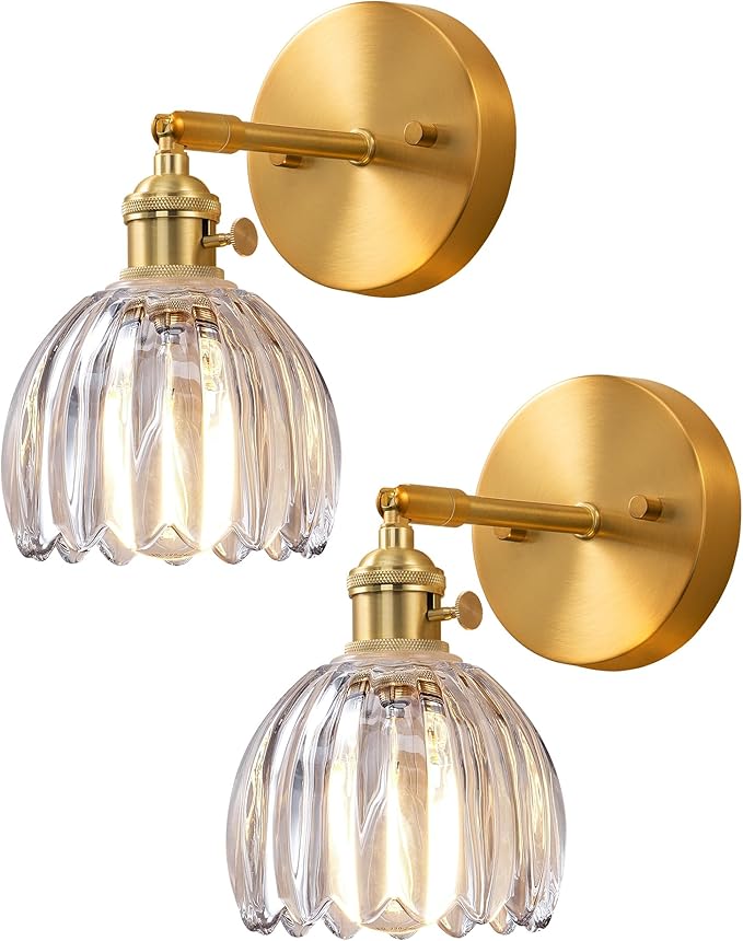 EDISHINE Hardwired Vintage Wall Sconces Set of Two, Brass Gold Wall Lamp with Transparent Tulip Glass Lampshade 180° Adjustable, Modern Wall Lighting Fixtures with Switch for Bathroom Bedroom Hallway