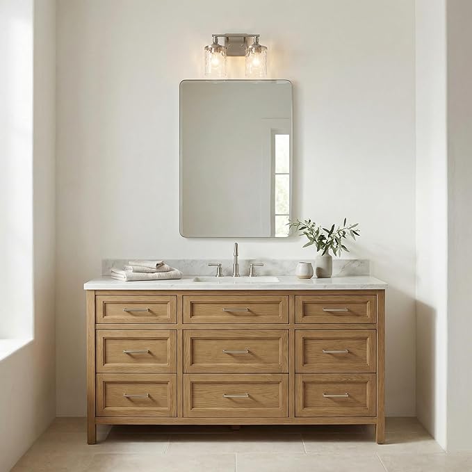 HomePlace Lighting 128821BN-451 Colton Mid-Century Clear Water Glass Bathroom Vanity Wall Light, 2-Light 200 Total Watts, 10" H x 13" W, Brushed Nickel