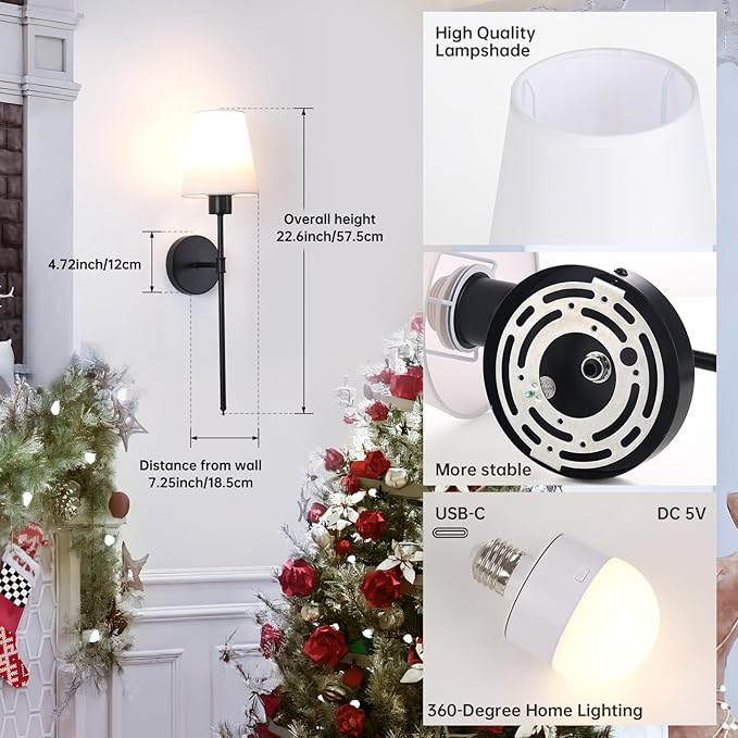 Shenmoyl Battery Operated Wall Sconce, 120H Usage Time 22.6" Rechargeable Wall Light with Dimmable Bulb, 12 Colors Wall Sconce for Bedroom Living Room, Black