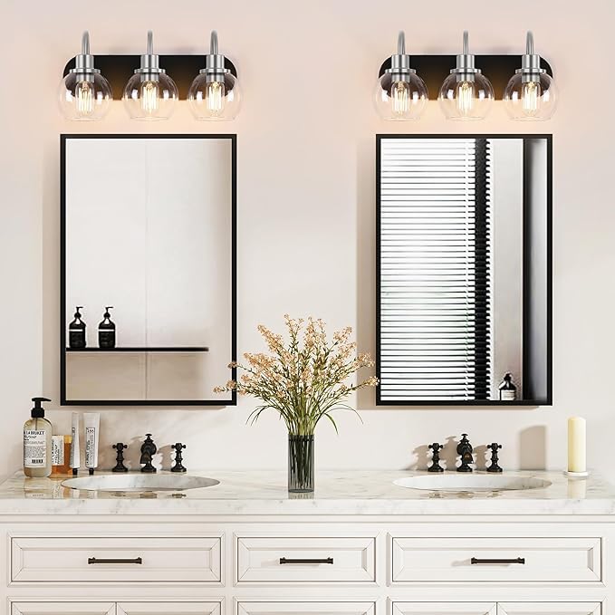 Dpyrrhic Modern 3-Light Vanity Light, Bathroom Lighting Fixture Over Mirror With Clear Glass Shade and Metal Base, Matte Black and Brushed Nickel