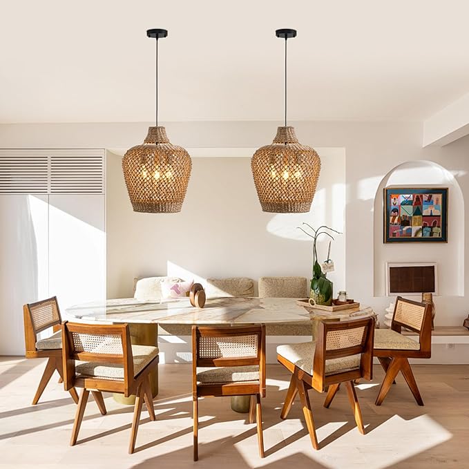 18.9" Rattan Pendant Light Fixtures,Boho Rattan Pendant Light,3-Light Hand Woven Seagrass Chandelier for Workplace Occasions Restaurants Dining Living Bedroom Kitchen Farmhouse