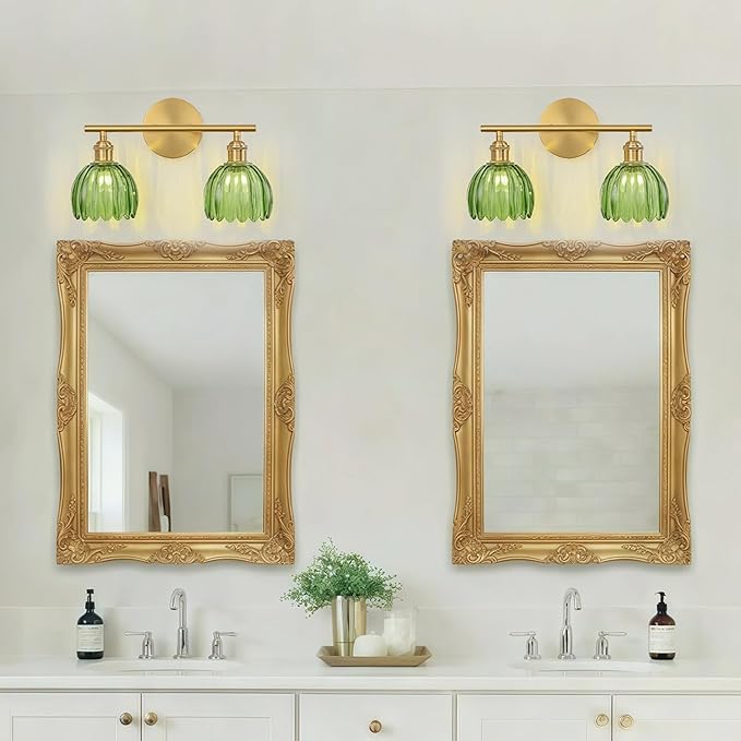 Gold Bathroom Light Fixtures Over Mirror, 2 Light Bathroom Vanity Light Fixture with Tulip Green Glass Lampshade, Vintage Vanity Lights for Bathroom, Bathroom Vanity Lights Over Mirror