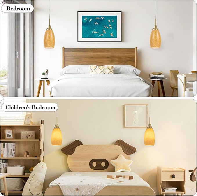 Viinew Mini Glass Pendant Light 4.72" Walnut Wood Grain Pendant Lights 1-Pack Handblown Art Oval Glass Hanging Pendant Light for Kitchen Island Dining Room Living Foyer Hallway Entry Brushed Gold