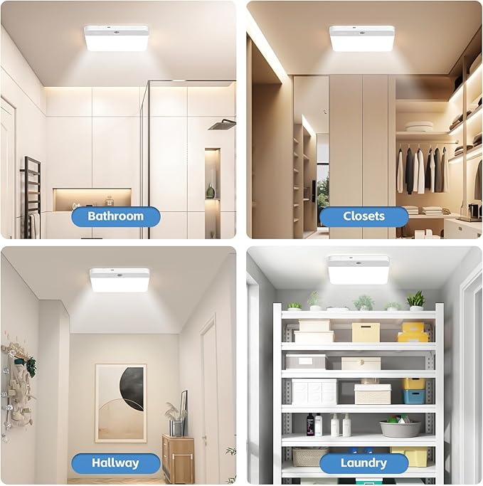 NARUNDREN 2 Pack Rechargeable Motion Sensor LED Ceiling Light with Remote, Wireless Battery Operated Closet Light, 400LM Dimmable 3 Color Temperatures, Ideal for Stair Hallway Garage Pantry