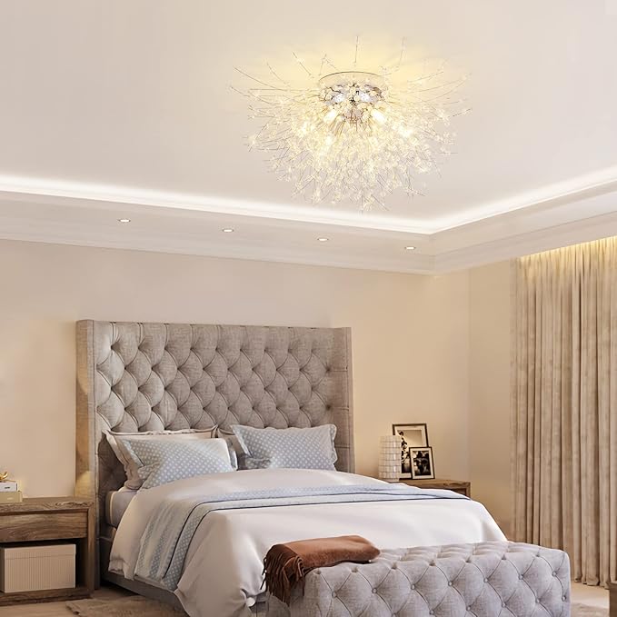 CM MZY Chrome Firework Flush Mount Ceiling Light Fixture, Modern Crystal Sputnik Firework Ceiling Lights, 6-Light Close to Ceiling Lighting Fixtures for Bedroom Kitchen Hallway Entryway
