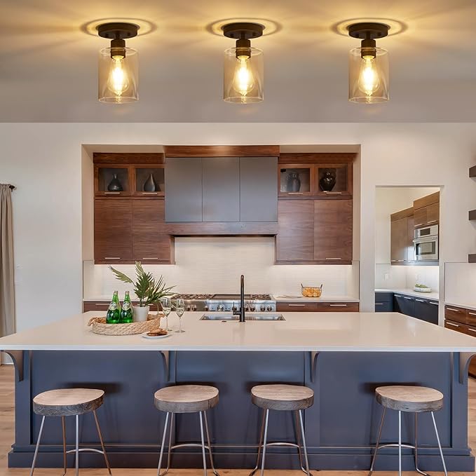 YYT Black Hallway Light Fixtures Ceiling 1-Light Semi Flush Mount Ceiling Light Small Kitchen Cieling Lights Black Hallway Light Fixtures Single Light Fixture with Clear Glass Shade Set of 2