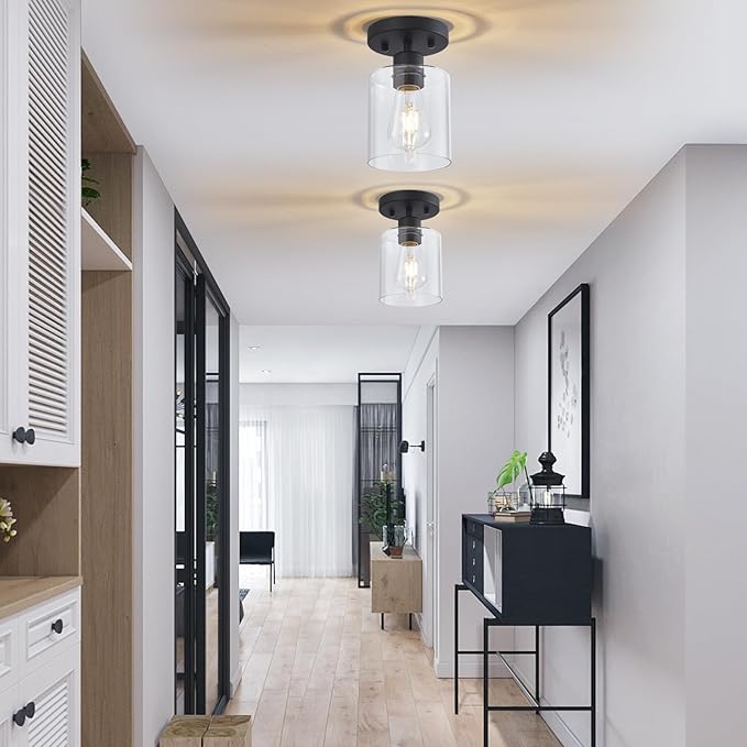 YYT Small Kitchen Ceiling Lights Black Hallway Light Fixtures Hallway Light Fixtures Ceiling Black 1-Light Semi Flush Mount Ceiling Light Single Light Fixture with Clear Glass Shade Pack of 3
