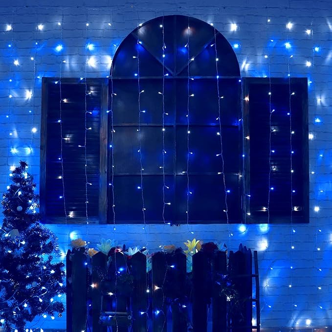 HEYFUNi Fiee Curtain Lights,304L 9.8ftX9.8ft 30V 8Modes Safety Window Lights for Home Wedding Christmas Party Patio Lawn Garden Bedroom Outdoor Indoor Wall Decorations (304LED, Blue+White)