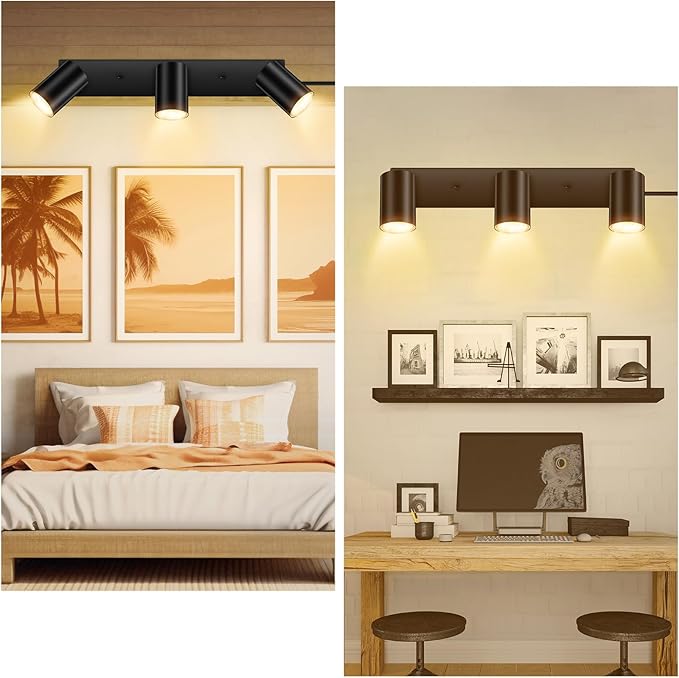 AUQUEE 3 Light Track Lighting Kit,Black 3 Way Modern Plug in Ceiling Spotlight,Industrial LED Wall Light for Kitchen Cabinet Gallery Bar Hallway Living Room,Rocker Switch,15 Foot Cord(No Bulb)