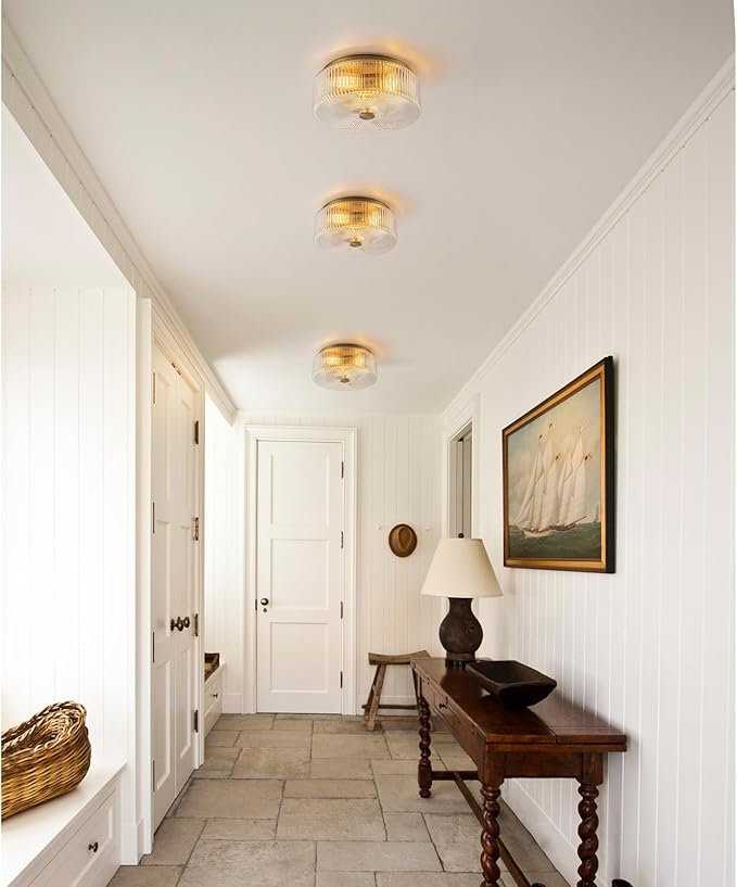 13.9 Inch Gold Flush Mount Ceiling Light,Mid-Century Modern 3 Light Ceiling Light Fixture with Clear Striped Glass Shades,for Bedroom,Kitchen,Hallway,Entryway