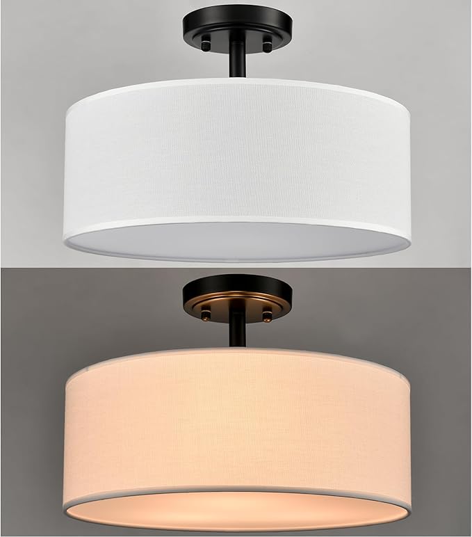 3-Light Black Semi Flush Mount Ceiling Light, 15-Inch Drum Light Fixtures Modern Farmhouse Matte Black Close to Ceiling Lamp for Bedroom Living Room Hallway Kitchen