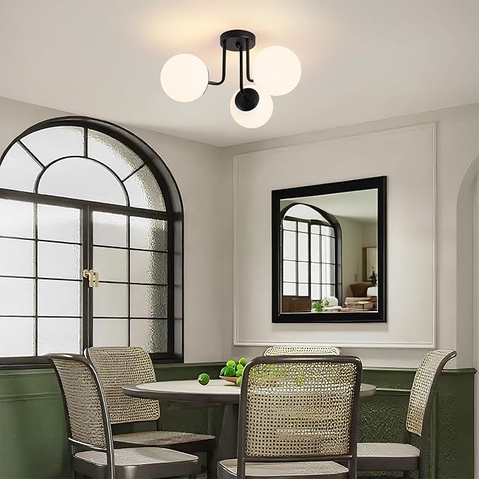 Modern Semi Flush Mount Ceiling Light, 3-Light Glass Globe Ceiling Light Fixture, Matte Black Mid Century Sputnik Chandelier for Living Room, Bedroom, Hallway, Kitchen (Blub Included)