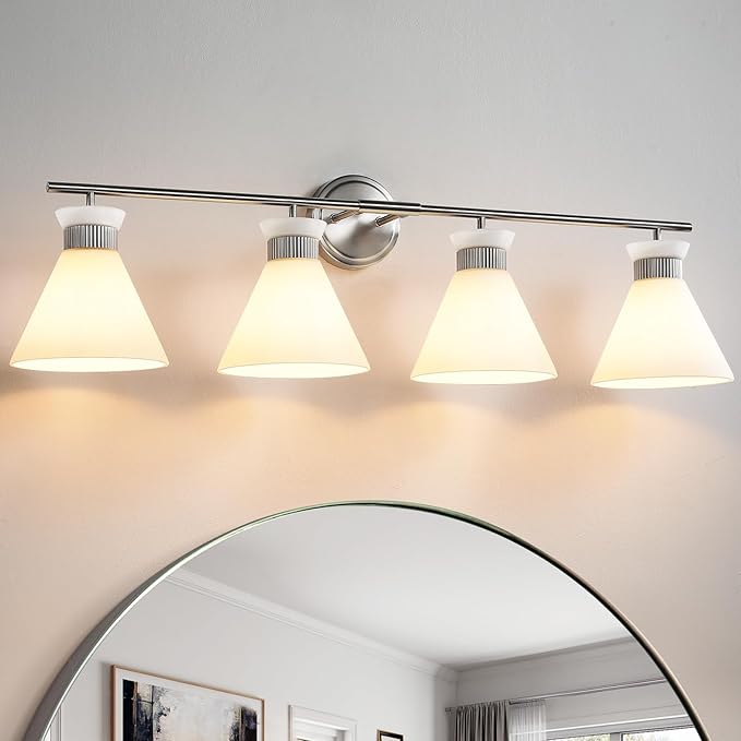 WOSHITU Bathroom Light Fixtures: Brushed Nickel 4 Lights Bathroom Vanity Lights Over Mirror with Milky White Frosted Glass Shade, 36 inch Farmhouse Vanity Lighting Sconce (Exclude E26 Bulb)