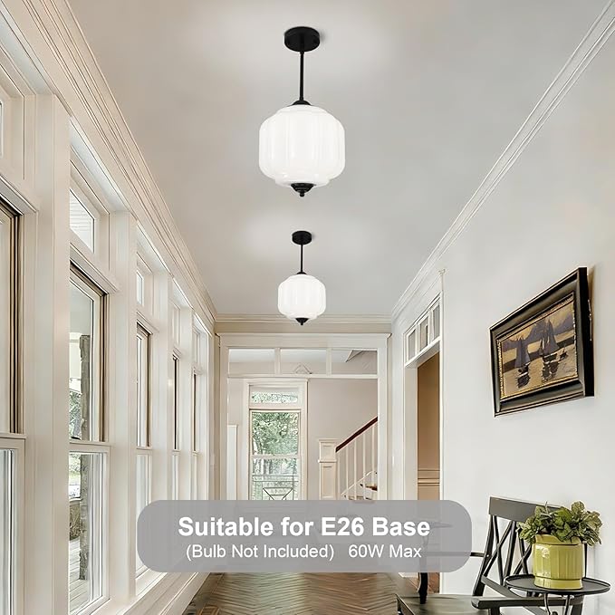 Antique Black Milk Glass Ceiling Light Fixture, 9.8in Vintage Semi Flush Mount Pendant Light, Retro Milk Glass Chandelier for Entryway, Dining Room, Bedroom, Hallway, Foyer