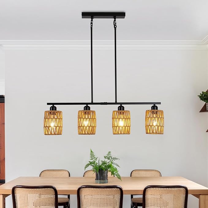 Rattan Kitchen Island Lighting,Boho Coastal Chandelier,4-Light Rustic Pendant Light for Dining Room,Height Adjustable,Black Farmhouse Woven Hanging Lights Fixture Over Table.