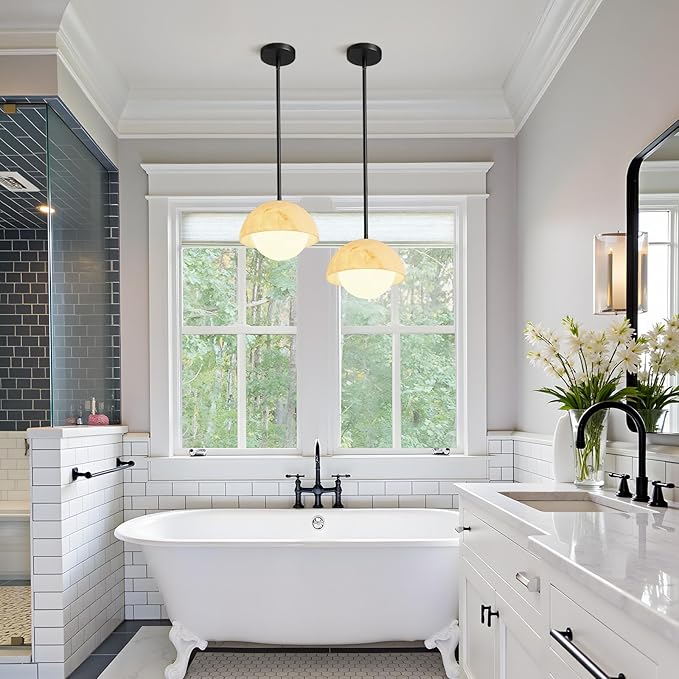Modern Pendant Light Fixtures: 10 Inch Resin Shade Mid Century Chandelier with Milk Glass Globe - Adjustable Black Pendant Lighting for Kitchen Island