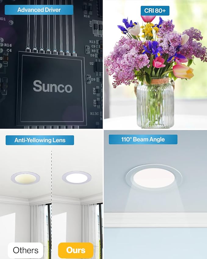 Sunco 24 Pack 4 Inch LED Recessed Light, Ceiling Canless Recessed Lights, Baffle Trim, 850 LM, 10W, Selectable CCT 2700K/3000K/4000K/5000K/6000K, Dimmable with Junction Box