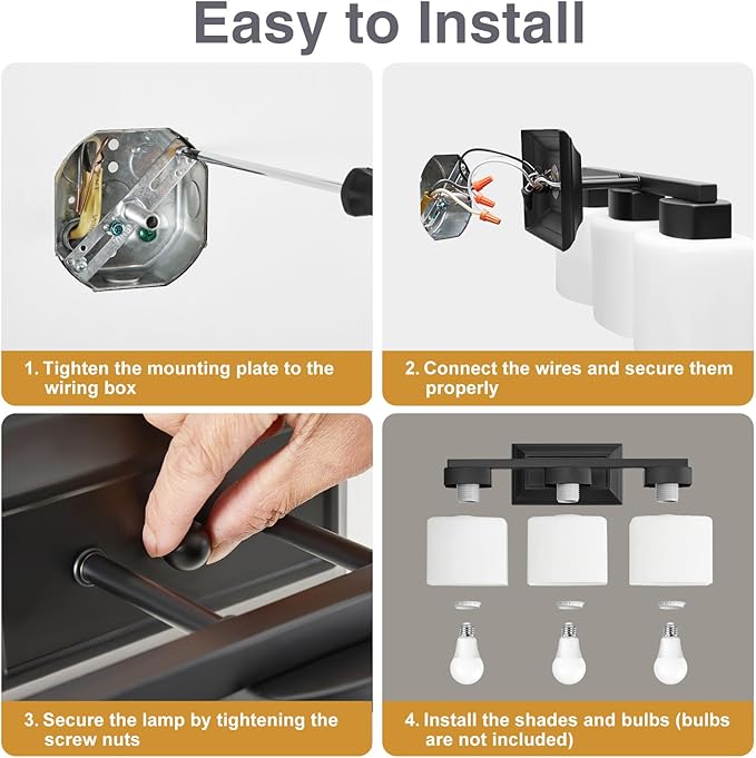 EJIAXIN 3-Light Bathroom Light Fixtures - Black Bathroom Vanity Lights with Frosted Glass Shade Modern Bathroom Lighting Fixtures Over Mirror - Wall Sconce Lamps for Bedroom,Living Room,Hallway