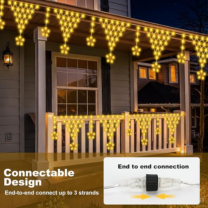 Outdoor Christmas Lights, 13.8ft 218 LED Curtain Lights, Icicle String Lights with 12 Drop Stars for Curtain, Indoor, Garden, Patio, Wedding, New Year, Home Decoration - Warmwhite