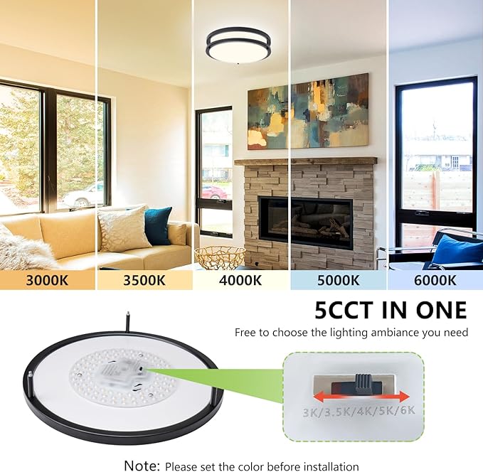 Flush Mount Ceiling Light - 8 Pack 36W 3000K/3500K/4000K/5000K/6000K Dimmable Led Ceiling Light Fixture for Kitchen Hallway Bedroom Bathroom (8, Black, 12 Inch)