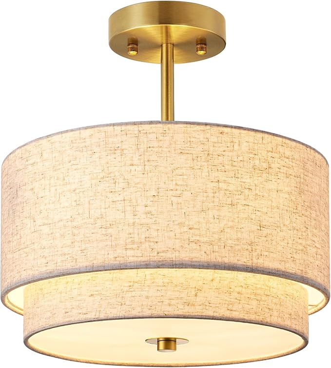 EDISHINE 12.6Inch Semi Flush Mount Ceiling Light, 3-Light Close to Ceiling Light Fixtures with Double Drum Linen Fabric Shade, Modern Mount Lamp for Bedroom Hallway Dining Room, Brushed Gold