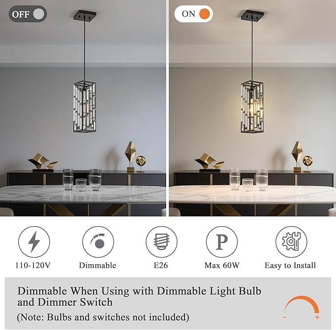 Black Pendant Lights Kitchen Island 2 Pack, Adjustable Modern Pendant Light Fixtures, Mini Crystal Chandeliers for Dining Room Bedroom Foyer Hallway