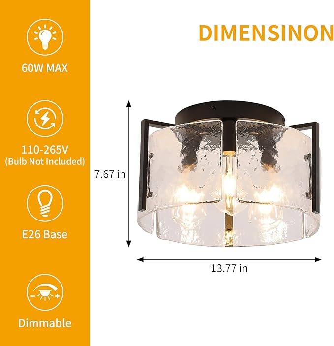 Glass Ceiling Light, Modern Semi Flush Mount Ceiling Lighting Fixture, Round Hallway Lighting Fixtures for Kitchen