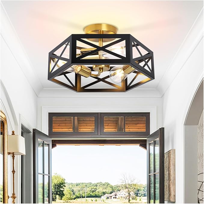 Semi Flush Mount Ceiling Light, Black and Gold Light Fixtures Ceiling Mount with Hexagon Cage, Metal Industrial Close to Ceiling Light for Hallway, Kitchen, Bedroom (Black and Gold, 14.56''L)