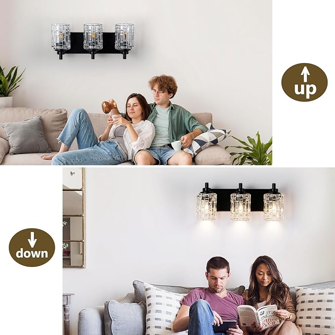 Bathroom Light Fixtures, 3-Light Black Bathroom Vanity Light, Modern Wall Sconces with Clear Glass Shade, Black Wall Lights for Mirror Kitchen Bedroom Hallway, E26 Base