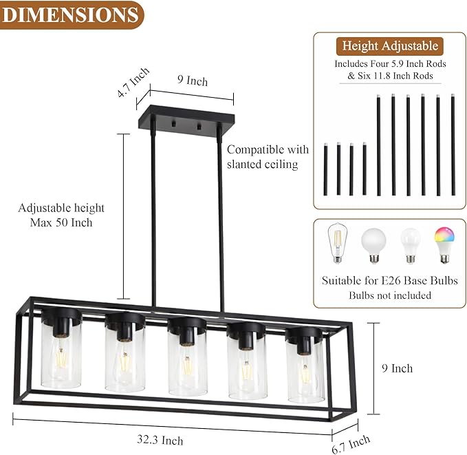 Black Rectangle Farmhouse Chandeliers, 5-Light Dining Room Light Fixture with Clear Glass Shades,Modern Metal Industrial Kitchen Island Lighting Fixtures Ceiling Hanging Pendant Lights