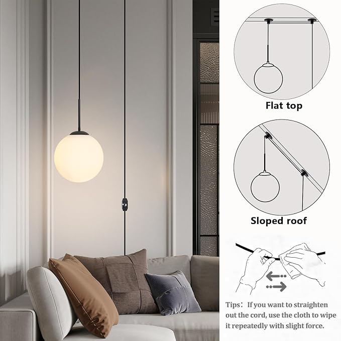 10” Plug in Globe Pendant Light Mid Century Modern Milk White Glass Globe Chandelier with 14.75ft Plug with Dimmable Switch for Bedroom Dining Room Kitchen Island, Black