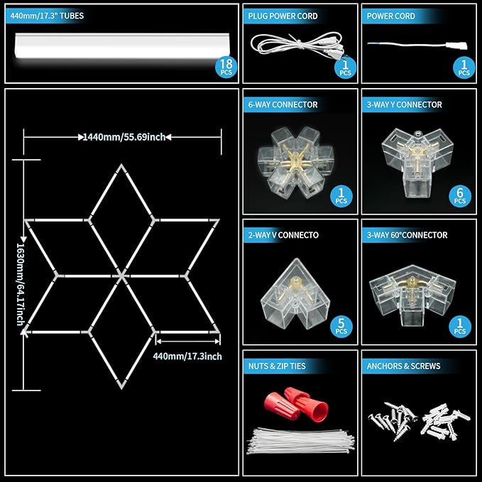 Hexagram Garage Lights 6 Rhombus, 126W 15120LM, 6500K Super Bright Hexagonal Diamond LED Ceiling Light for Garage, Workshop, Gym, Car Detailing Shop