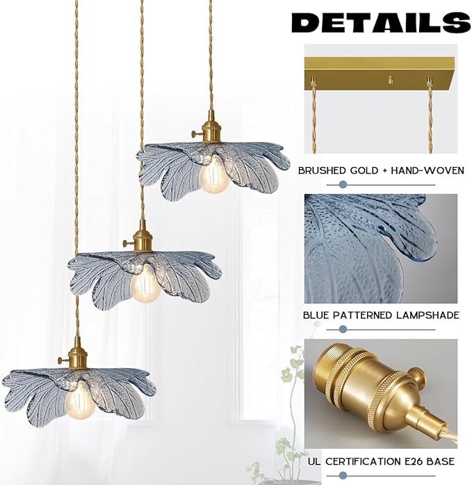 3-Light Hand Blown Glass Chandelier, Blue Flower Glass Shade with Brushed Brass Gold Base, Adjustable Pendant Light Mid Century Vintage Farmhouse Hanging Lamp for Dining Room Kitchen Island