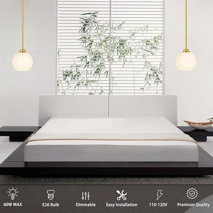 Modern Gold 2-Pack Pendant Light Fixture, Globe Shape, Adjustable Height, Kitchen Island, Dining Room, Living Room, Milk Frosted Glass Shade, ETL Listed