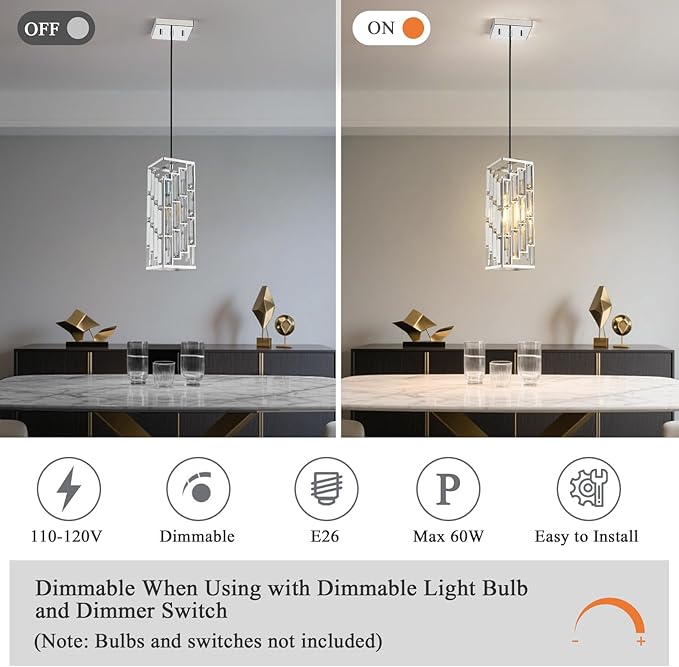Chrome Pendant Lights Kitchen Island 2 Pack, Adjustable Modern Pendant Light Fixtures, Mini Crystal Chandeliers for Dining Room Bedroom Foyer Hallway