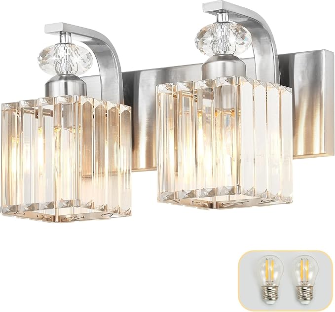 Modern Bathroom Vanity Light, 2-Light Nickel Bathroom Lighting Fixtures Over Mirror, 12.6" Crystal Wall Light Sconce for Bathroom/Bedroom/Vanity, Includes LED Bulbs, Easy Installation
